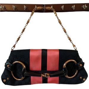 Authentic Gucci Black Monogram Canvas Horsebit Clutch Shoulder Bag Tom Ford Era